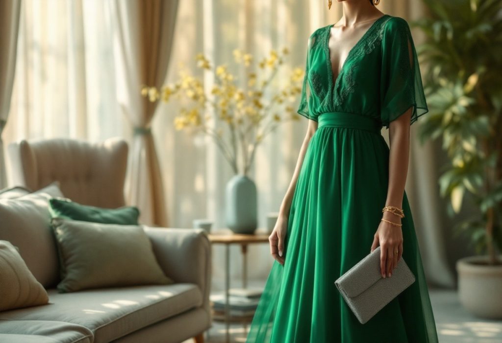 Comment accessoiriser une robe longue vert émeraude